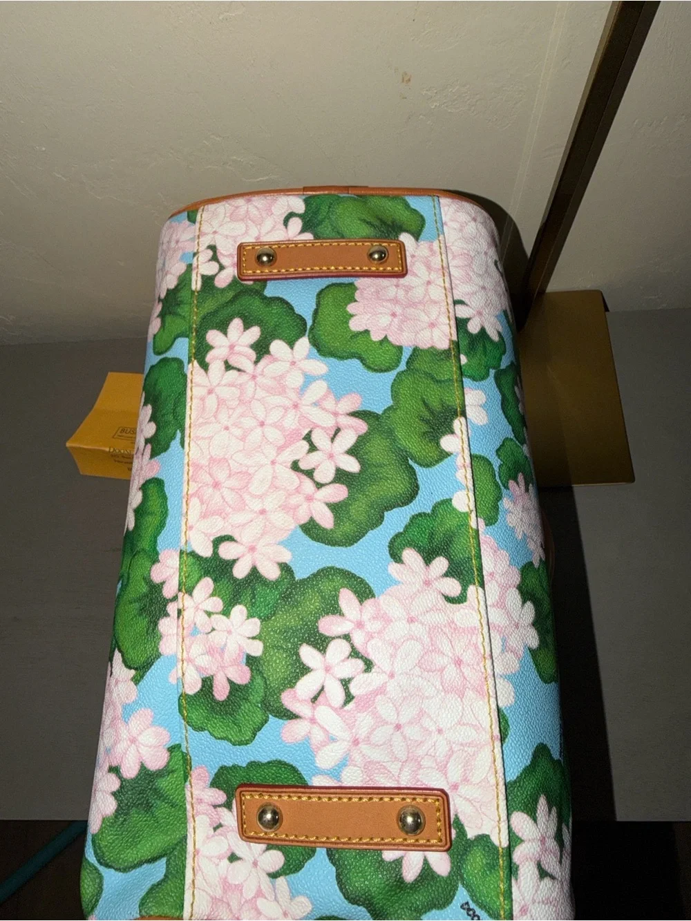 Dooney & Bourke Blue Floral Satchel with Tan Leather Handles
